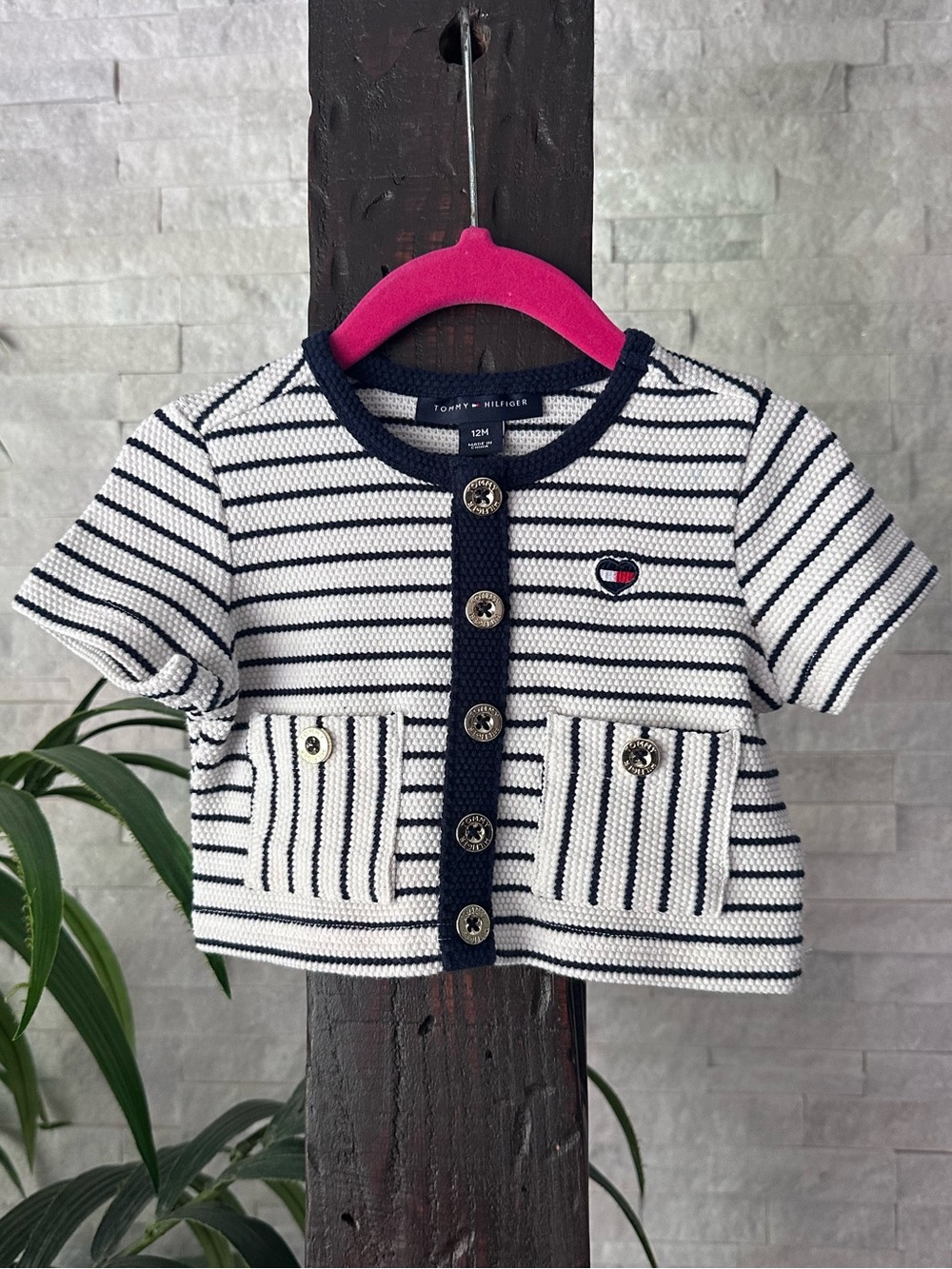 Tommy Hilfiger Navy Blue & White Striped Knit Nautical Preppy Cardigan Size 12M